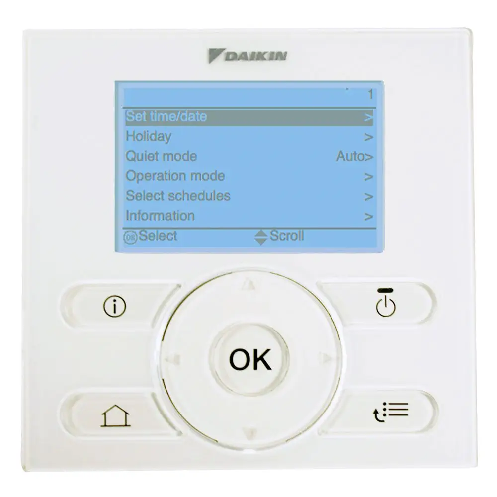 Daikin-Bedieneinheit mit digitalem Display und Steueroptionen zur Einstellung von Zeit, Betriebsmodus und Zeitplänen. Tasten zur Navigation und Bestätigung sind vorhanden.